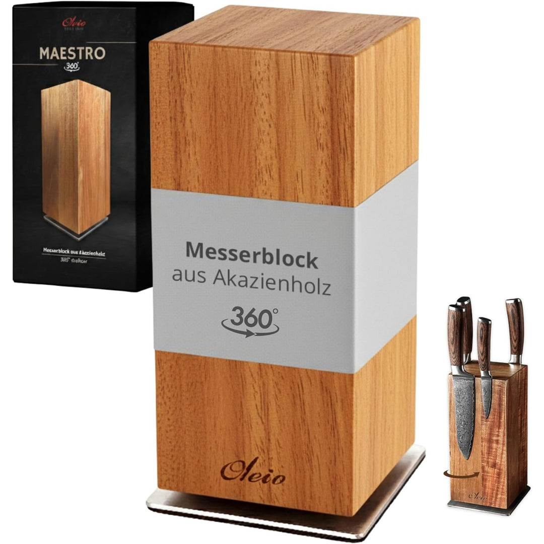 Maestro Messerblock magnetisch 360° drehbar Messerhalter aus massivem Akazienholz mit Edelstahlbasis