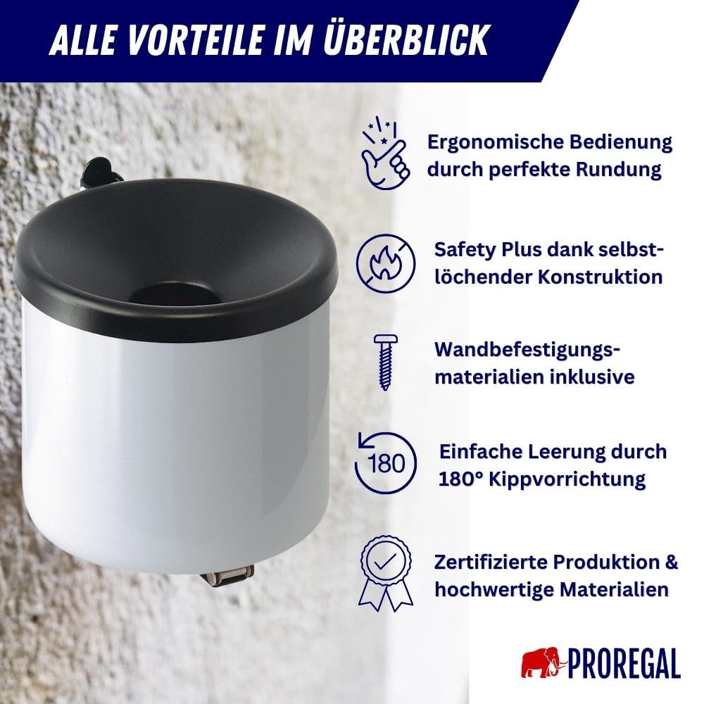 PROREGAL Runder Sicherheits-Wandaschenbecher mit Kippvorrichtung | 2 Liter, HxØ 16x16cm | Metall | W