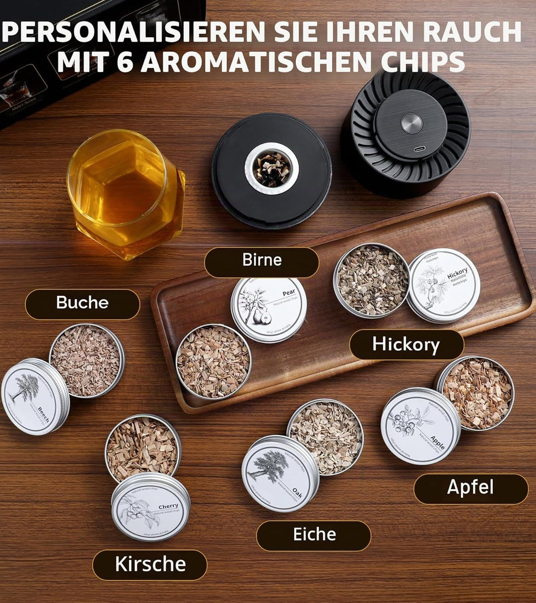 Elektrisches Whisky-Räucherset mit LED-Licht, 6 Holzspäne-Aromen, kein Butan erforderlich, wiederauf