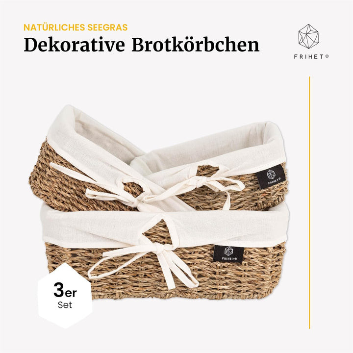 FRIHET eckiger Brotkorb aus Seegras | Rustikale Brotkörbchen mit Stoff im Scandi Style | geflochtene