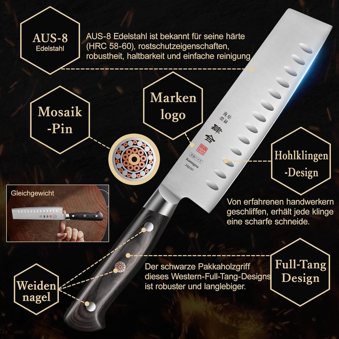 kanngou Classic. Japanisches Messer aus AUS-8 Stahl mit Kompletter Räuchergriff (Nakiri Kochmesser,