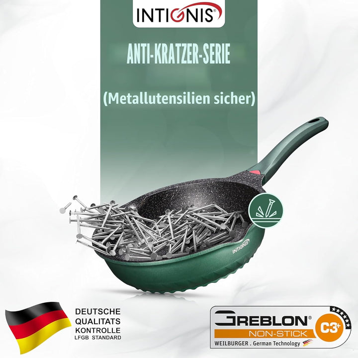 INTIGNIS Premium-Bratpfanne mit Deckel, Kratzfest, 30 cm, Extra Tief, Kompatibel mit allen Herdarten