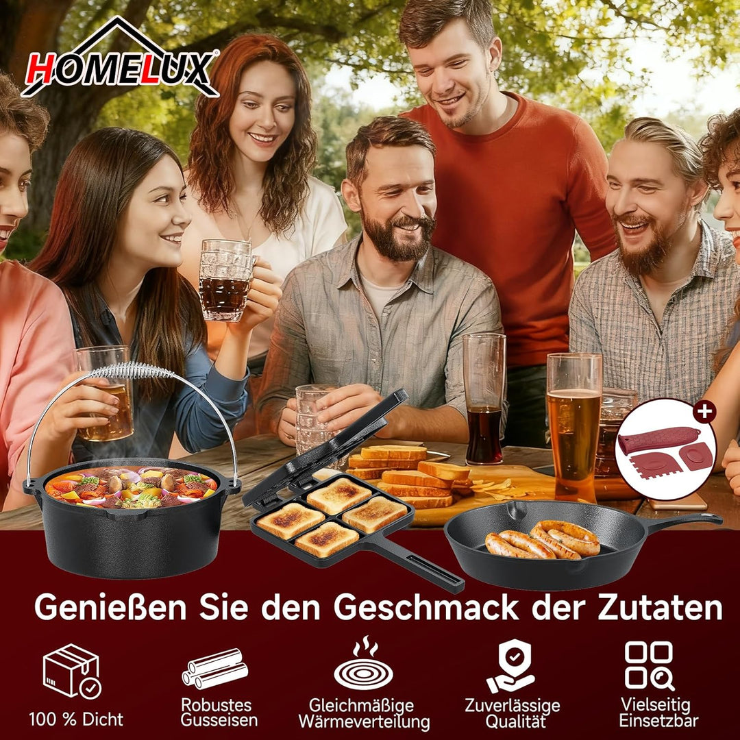 HOMELUX 12-teilig Dutch Oven Set in Holzkiste mit 4,5L Dutch Oven Topf &amp; 3,6L Saucier – Inkl. Grillp