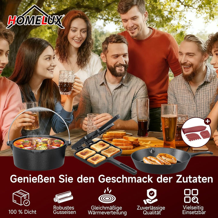 HOMELUX 12-teilig Dutch Oven Set in Holzkiste mit 4,5L Dutch Oven Topf &amp; 3,6L Saucier – Inkl. Grillp