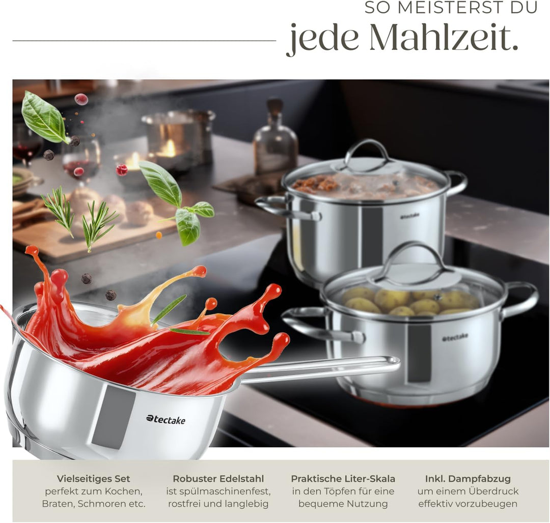tectake® 9-tlg. Topfset, Edelstahl Kochgeschirr, Töpfe Set mit Deckel, Kochtopf Set für Induktionsko