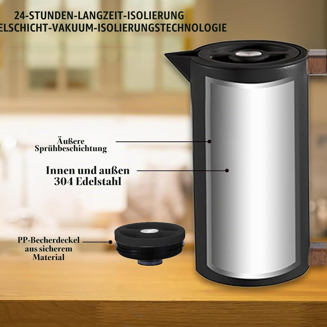 Thermoskanne Kaffeekannen Edelstahl Vakuum Isolations, Mit Holzgriff Und Einfachem Sicherheitsdruckk