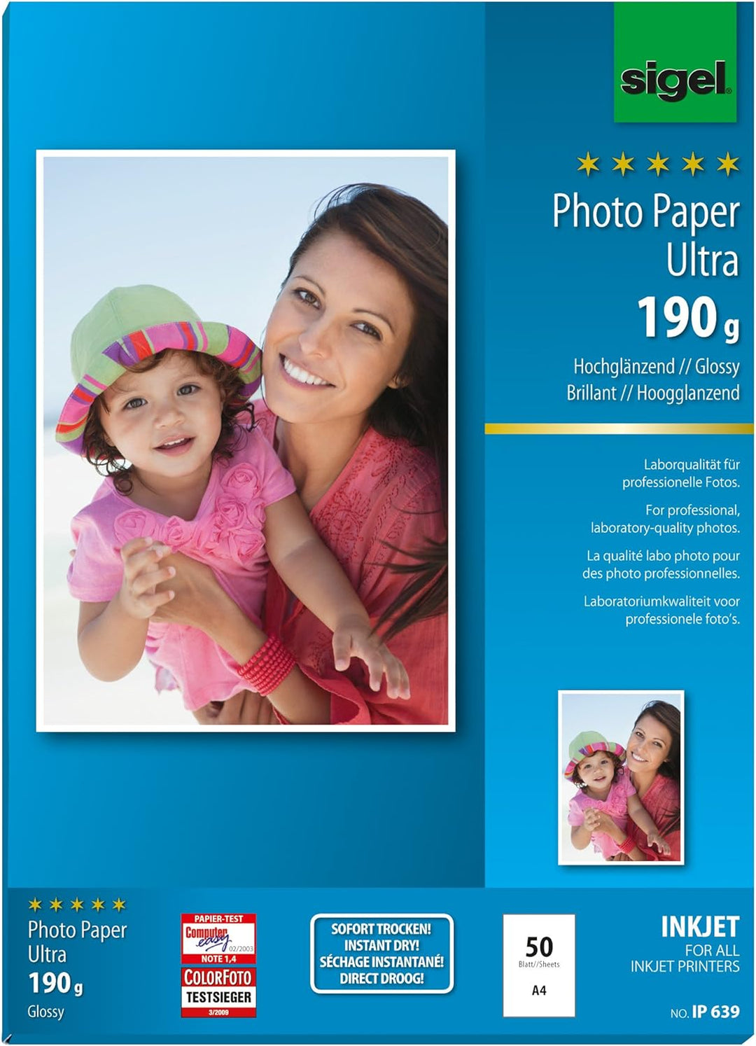 SIGEL IP639 InkJet-Fotopapier Ultra, A4, 50 Blatt, hochglänzend, extrem lichtbeständig, 190 g