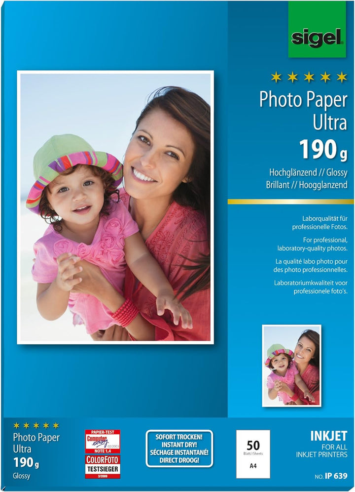 SIGEL IP639 InkJet-Fotopapier Ultra, A4, 50 Blatt, hochglänzend, extrem lichtbeständig, 190 g