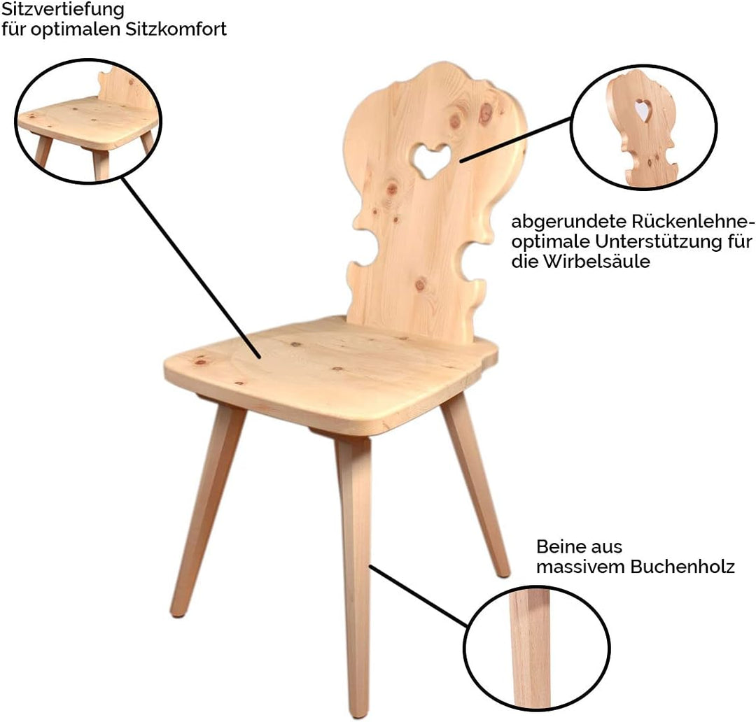 Hochwertiger Bauernstuhl aus 100% Zirbenholz - Traditioneller Holzstuhl – Landhausstuhl- Sitzhöhe: 4