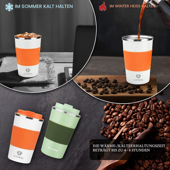 CS COSDDI Thermobecher- Isolierbecher, Edelstahl Travel Mug, 13oz/380ml Vakuum auslaufsicher Reisebe