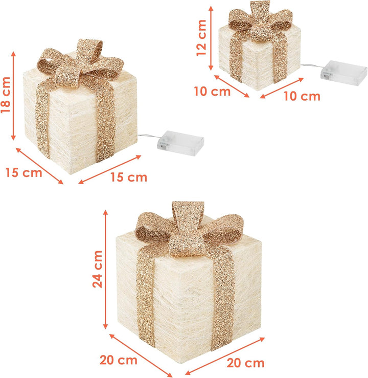 LED Geschenkboxen mit Timer 3er Set - Creme - Weihnachts Dekoboxen warm weiss beleuchtet - Weihnacht
