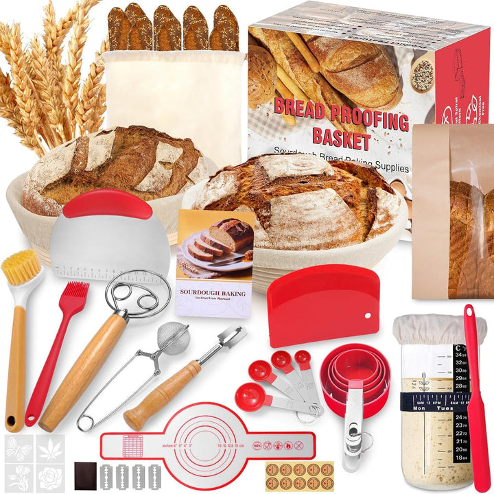 Sauerteig Starter Set, Gärkorb Brot Set mit 2 Gärkörbchen (23cm Runde & 25cm Ovale), Rattan, 1000ml