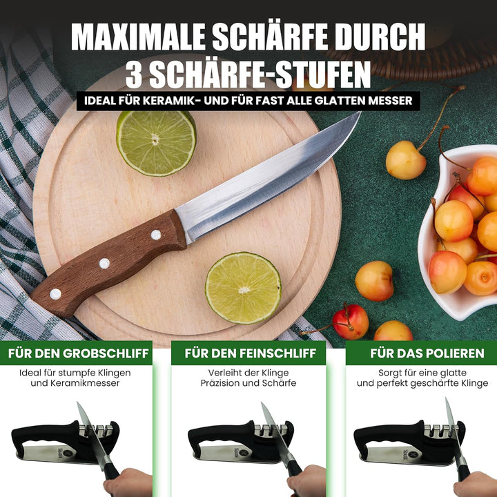 Profi-Messerschärfer | 3-Stufen Messerschleifer mit Edelstahlfuss, Diamant, Wolframstahl & Keramik S