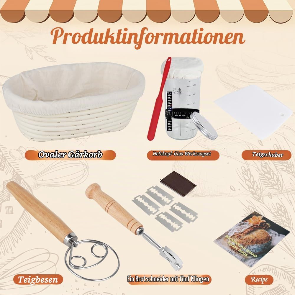 Sauerteig Starter Set, Oval GärkörbchenSet, Brotbacken Startver Set, Gärkorb Brot mit Brotbackzubehö