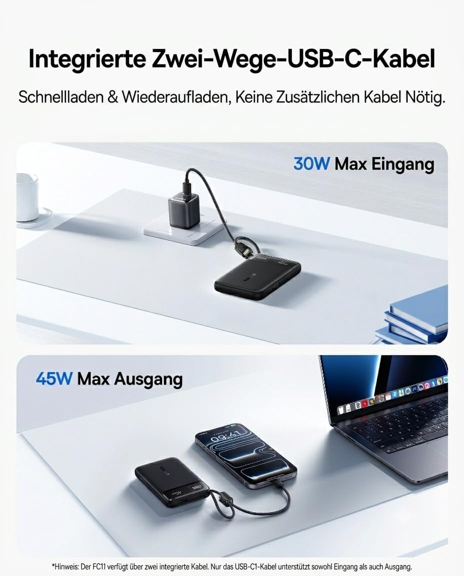 Baseus FC11 Powerbank 45W 10000mAh mit 2 Integriertem USB-C Kabel, Power Bank Klein CCC Zertifizieru