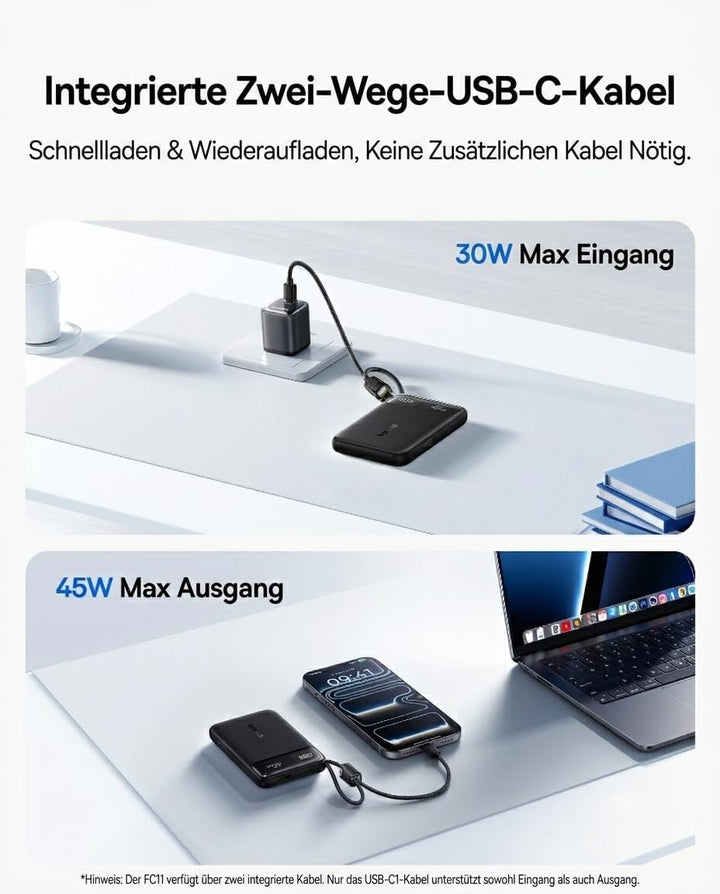 Baseus FC11 Powerbank 45W 10000mAh mit 2 Integriertem USB-C Kabel, Power Bank Klein CCC Zertifizieru