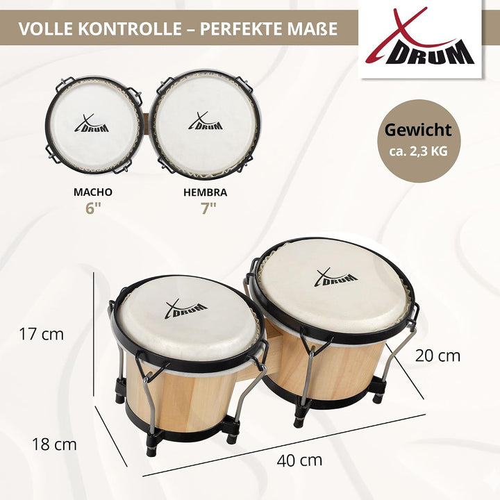 XDrum Bongos Club Set - 6" Macho und 7" Hembra - Naturfelle - professionelles Stimmsystem - Schwarz