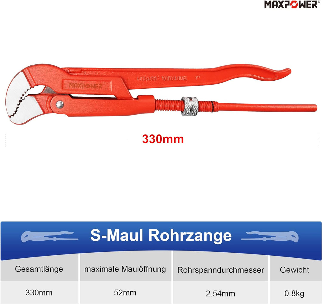 MAXPOWER Abgewinkelte Eck-Rohrzange 1 Zoll S-Maul Wasserrohrzange 330mm S-förmige Backe x 30,5 cm Lä