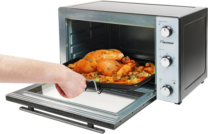Bestron AOV31PS Kompakter Mini-Backofen mit Drehspiess und Pizzastein, 31 Liter, 1500 Watt, Edelstah