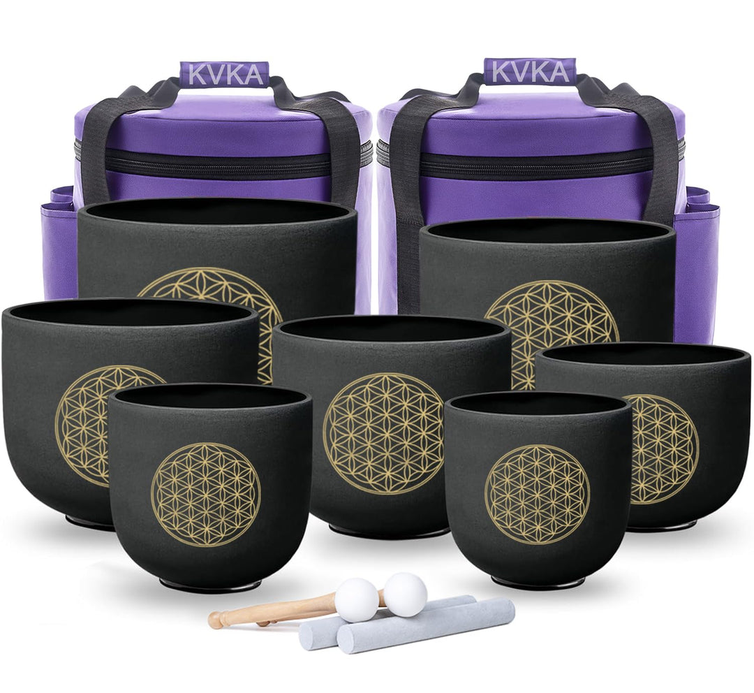 KVKA Kristall-Klangschalen Set, 6-12 inch 432Hz Schwarz Frosted Quarz Flower of Life Chakra Klangsch