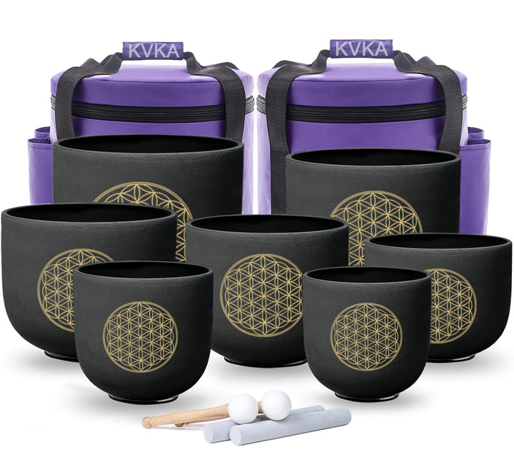 KVKA Kristall-Klangschalen Set, 6-12 inch 432Hz Schwarz Frosted Quarz Flower of Life Chakra Klangsch
