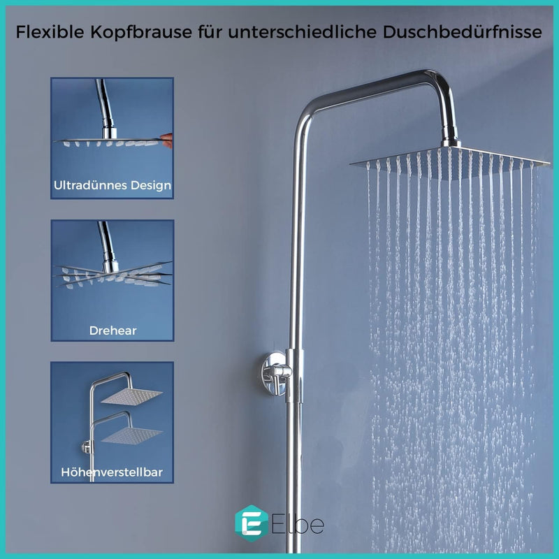 ELBE® Duschsystem aus Edelstahl ohne Armatur, mit quadratischem Duschkopf 20 cm Eckig,
