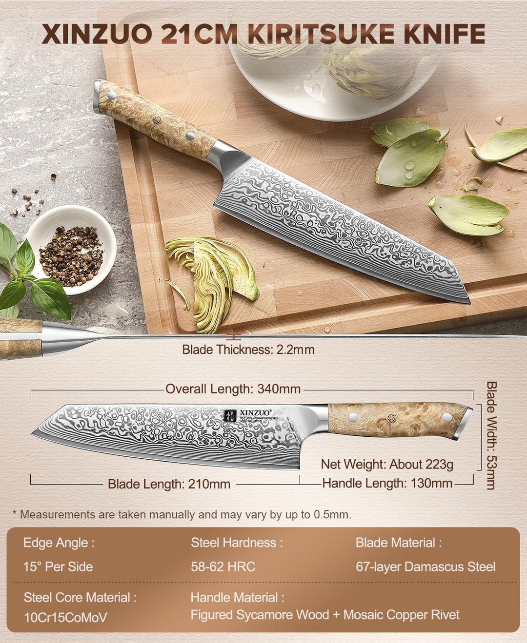 XINZUO Damaststahl 21cm Kiritsuke Kochmesser -Schärfe und Haltbarkeit Damaszener Stahl Küchen Chefme