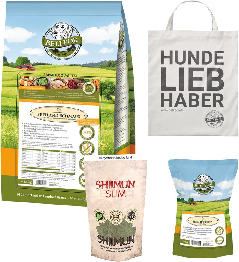 Bellfor Futterset Freiland-Schmaus Getreidefrei Hundefutter Trocken 2,5 kg Kausnacks Natur 100 g Diä