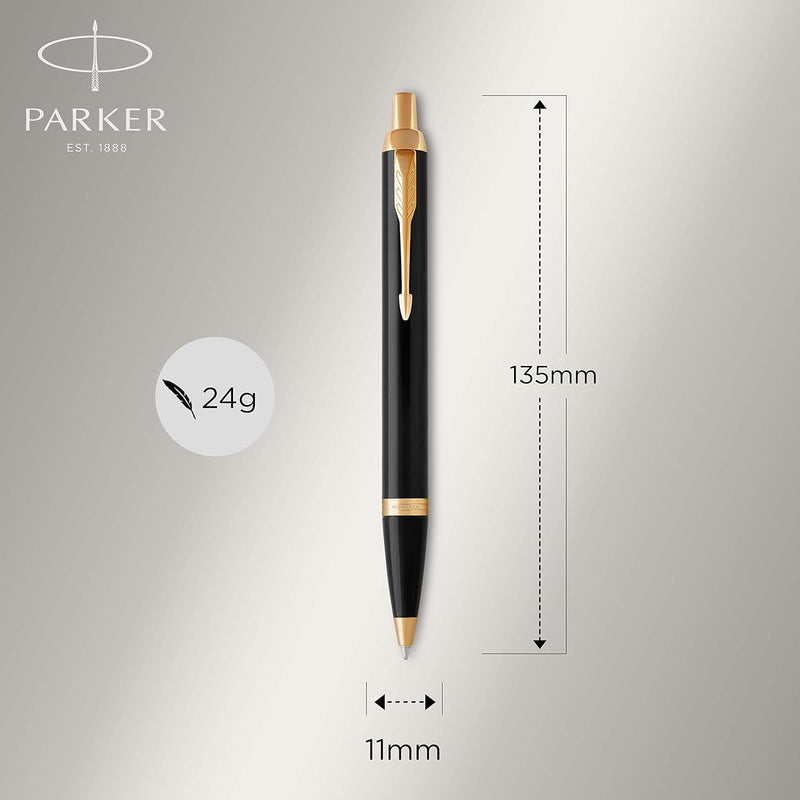 Parker IM Kugelschreiber | Schwarze Lackierung mit Goldzierteilen | Mittlere Spitze | Blau, Schwarze