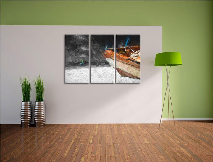beeindruckendes Boot am Strand schwarz/weiss Deluxe 3-Teiler Leinwandbild 120x80 Bild auf Leinwand,