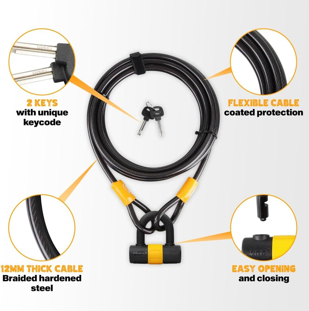 VINZ Kinabalu Kabelschloss / Schlaufenkabel ø12mm | 15 meter lang | Stahlseil mit Schloss mit Kunsts