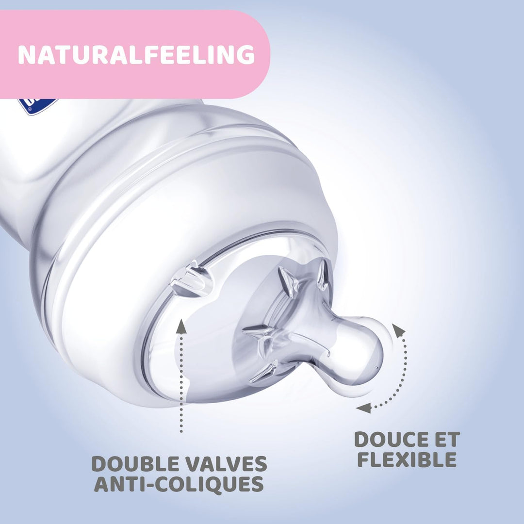 Chicco Natural Feeling Anti-Kolik Babyflasche für 0+ Monate, 250 ml, mit Weichem Silikonsauger und D