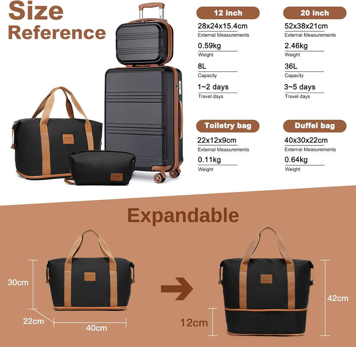 KONO Reisekoffer Set Gepäcksets 4 Teilig Kofferset, 55cm Handgepäck mit Beautycase Kosmetikkoffe mit