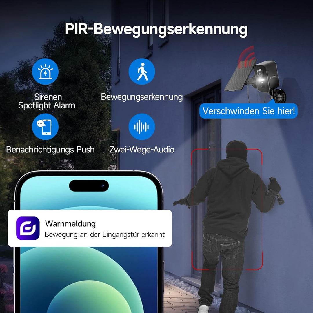 Kabellose Überwachungskamera aussen Solarbetrieben, kamera überwachung mit 64GB MicroSD-Karte Bewegu