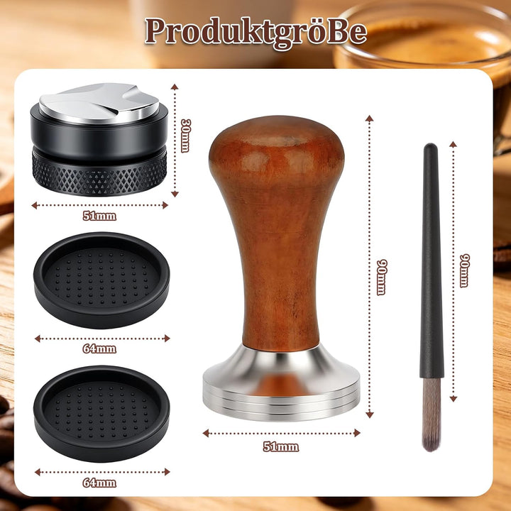 Tamper 51mm, Leveler 51mm, Espresso Barista Zubehör mit Silikonunterlagen und Reinigungsbürste, Sieb