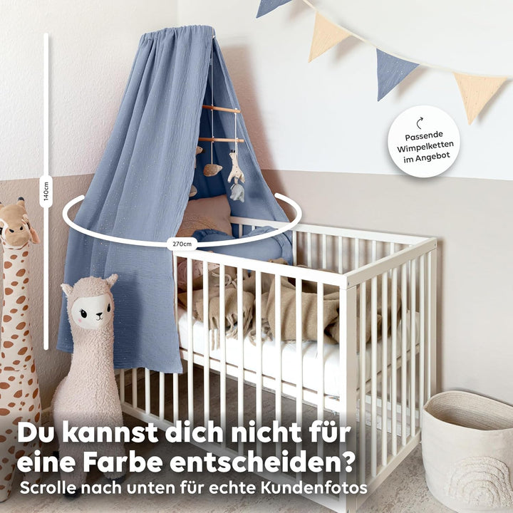 Betthimmel Babybett mit Goldapplikationen [in 12 Farben] Himmel Babybett aus 100% Baumwolle Musselin