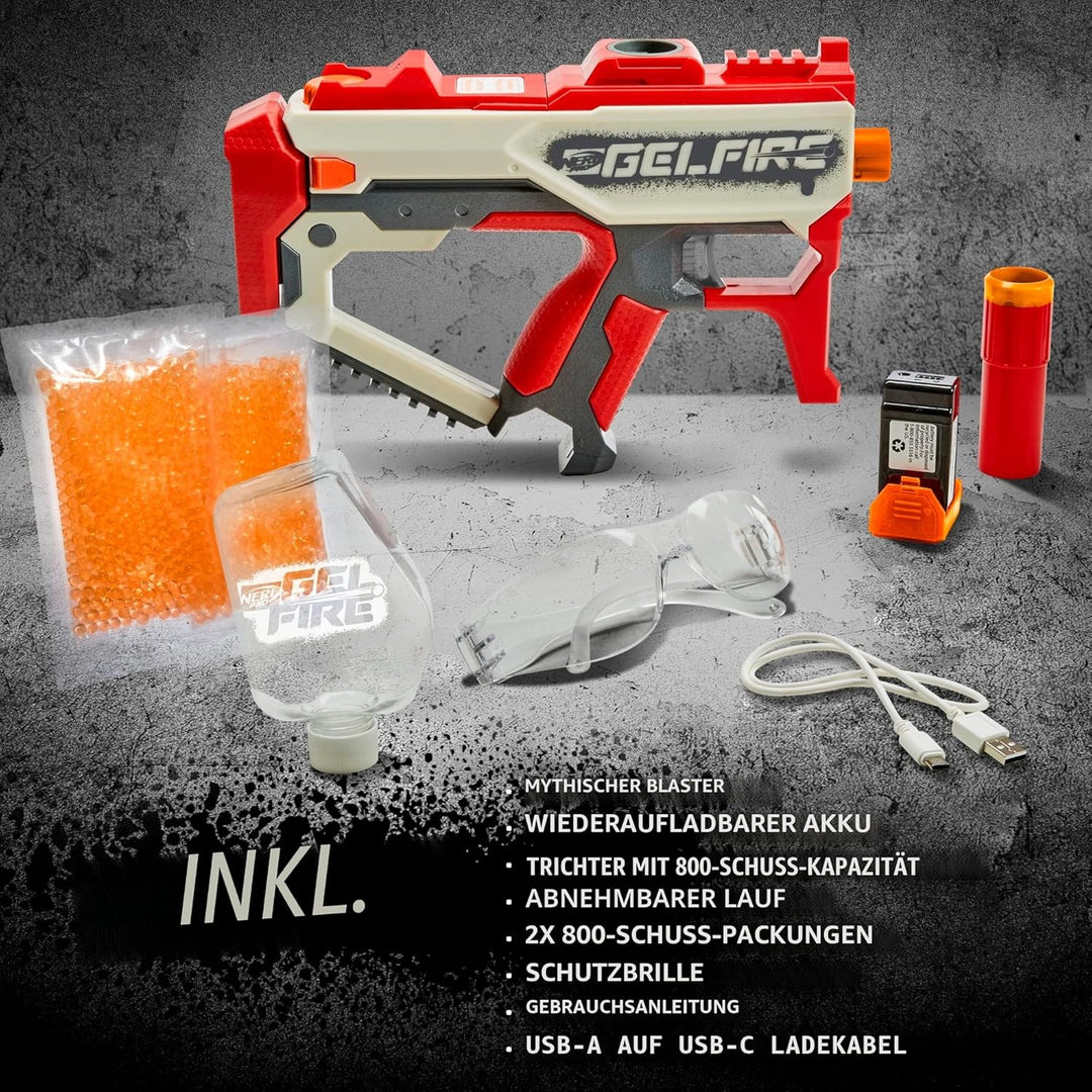 Nerf Pro Gelfire Mythic Blaster, 1.600 Gelfire Runden, Trichter, Akku, Brille