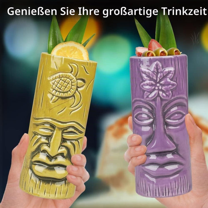 Tiki-Tassen-Set, Hawaii-Party-Becher aus Keramik mit Untersetzer, für Cocktails, hochwertiges Tassen
