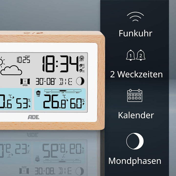 ADE Digitale Wetterstation Funk mit Aussensensor | Innen- und Aussentemperatur | Hygrometer, Baromet