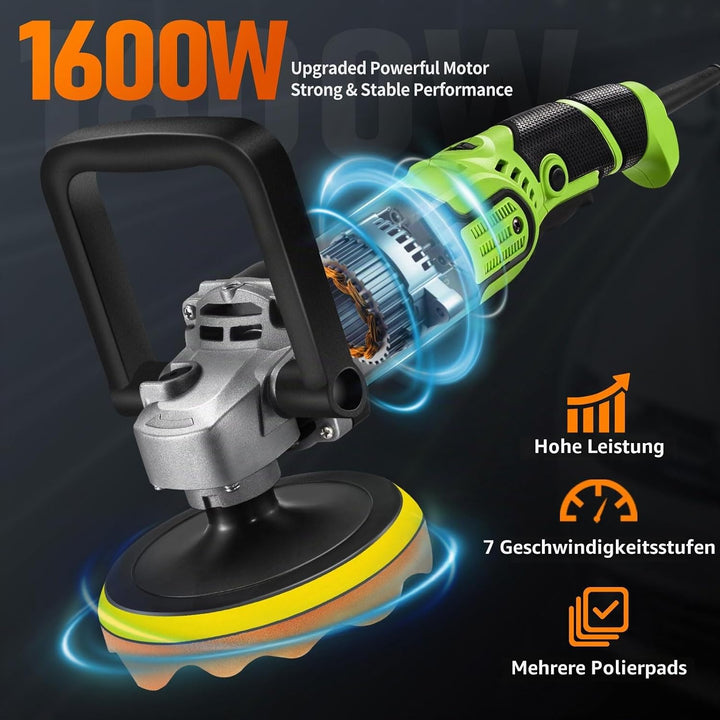 WORKBLESS Poliermaschine Auto, 1600W, 7 Variable Geschwindigkeit, 1600-3500 U/min, Autopolitur Set m