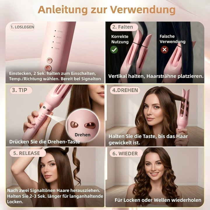 3 in 1 Lockenstab Automatisch mit 32/36mm Lockenwickler & Haarglätterbürste, 4 Temperaturstufen, Sch