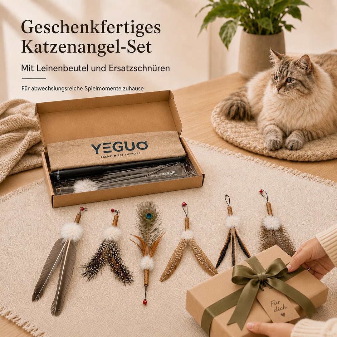 YEGUO Katzenangel stabil &amp; lang (142cm) - Interaktives Katzenspielzeug Angel Set aus Carbon mit 6 Na