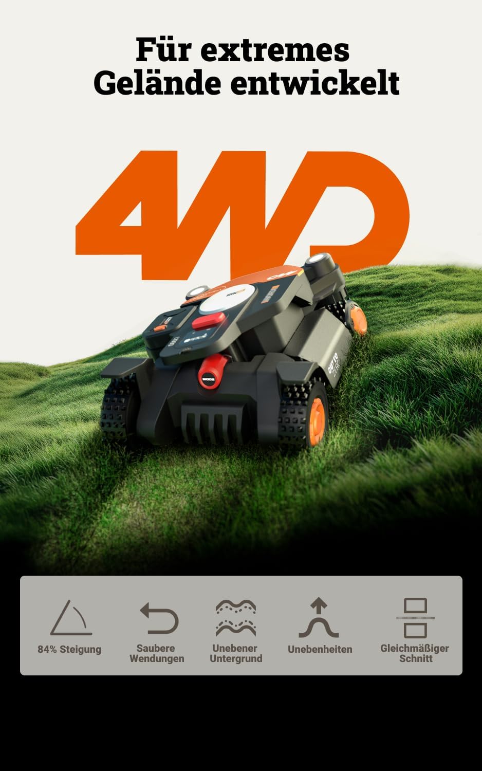 WORX Landroid Vision Cloud WR341E 4WD Mähroboter ohne Begrenzungskabel für 1000 m² (KI-Hinderniserke