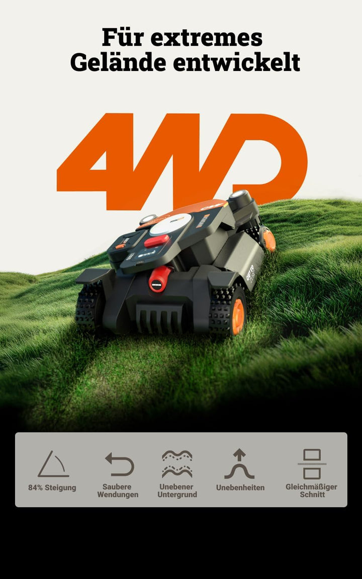 WORX Landroid Vision Cloud WR341E 4WD Mähroboter ohne Begrenzungskabel für 1000 m² (KI-Hinderniserke