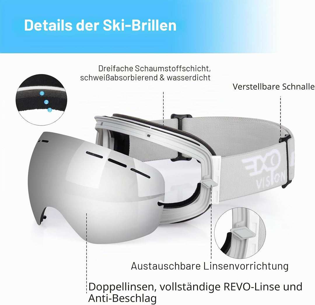 EXP VISION Snowboard Skibrille für Herren Damen Jugend, 100% UV400 Schutz Anti Beschlag über der Bri