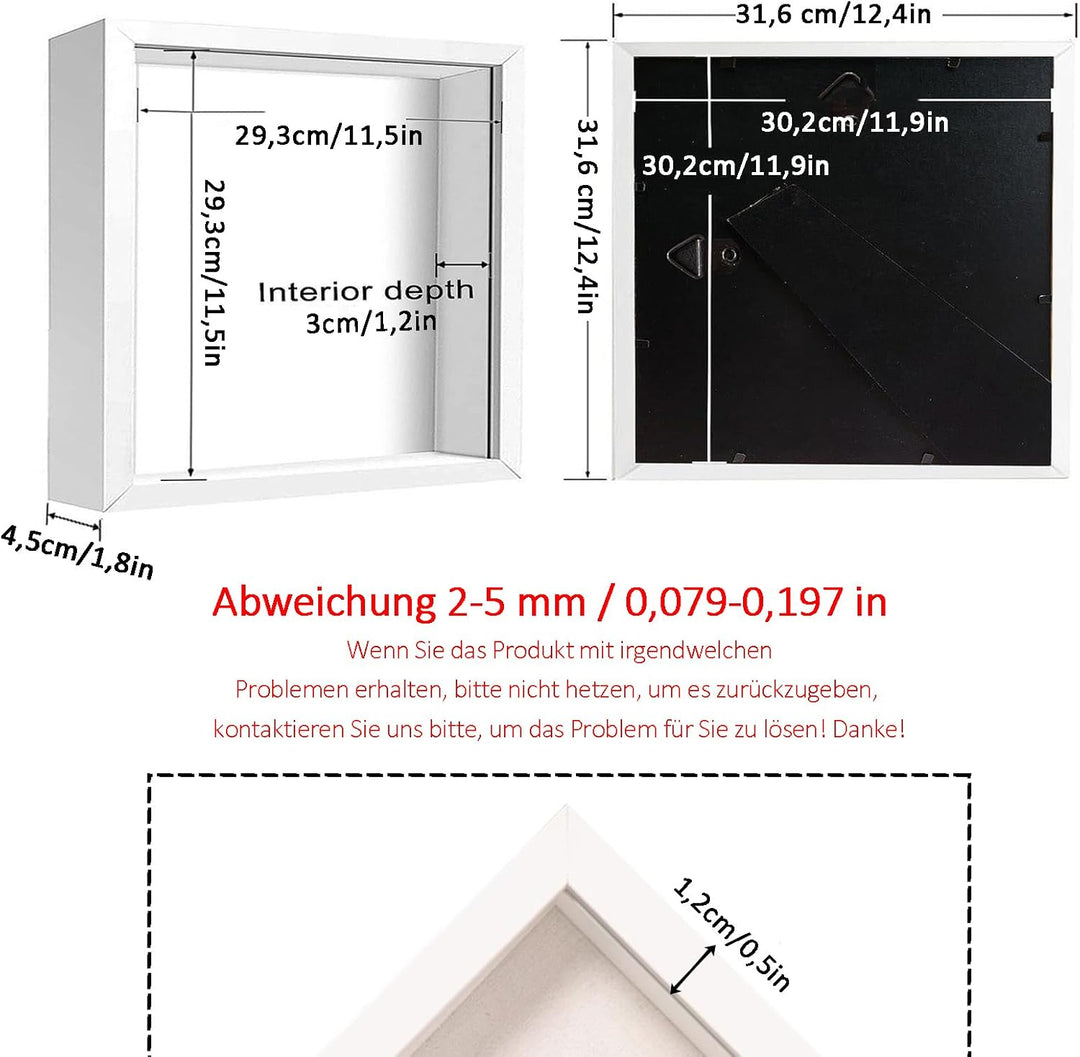 Bilderrahmen zum Befüllen, Objektrahmen Tiefer 3 cm, Tiefer Bilderrahmen zum Befüllen 30 x 30 cm, mi