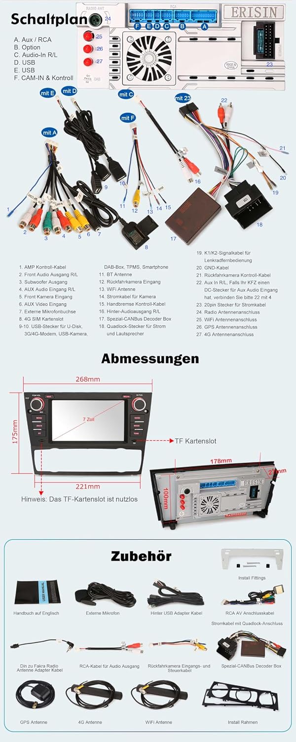 Erisin 8-Kern 4GB RAM+64GB ROM Android 14 Autoradio Bluetooth GPS Navigation für BMW 3er E90 E91 E92