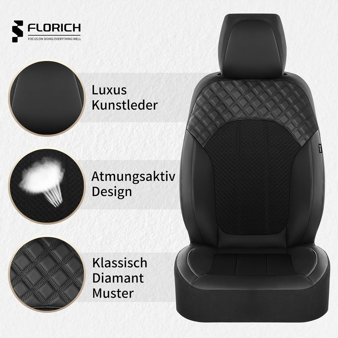 FLORICH Autositzbezüge Komplettset Vordersitzbezüge, PU Leder Air-Mesh Sitzbezüge Atmungsaktiver Sit