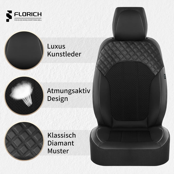 FLORICH Autositzbezüge Komplettset Vordersitzbezüge, PU Leder Air-Mesh Sitzbezüge Atmungsaktiver Sit