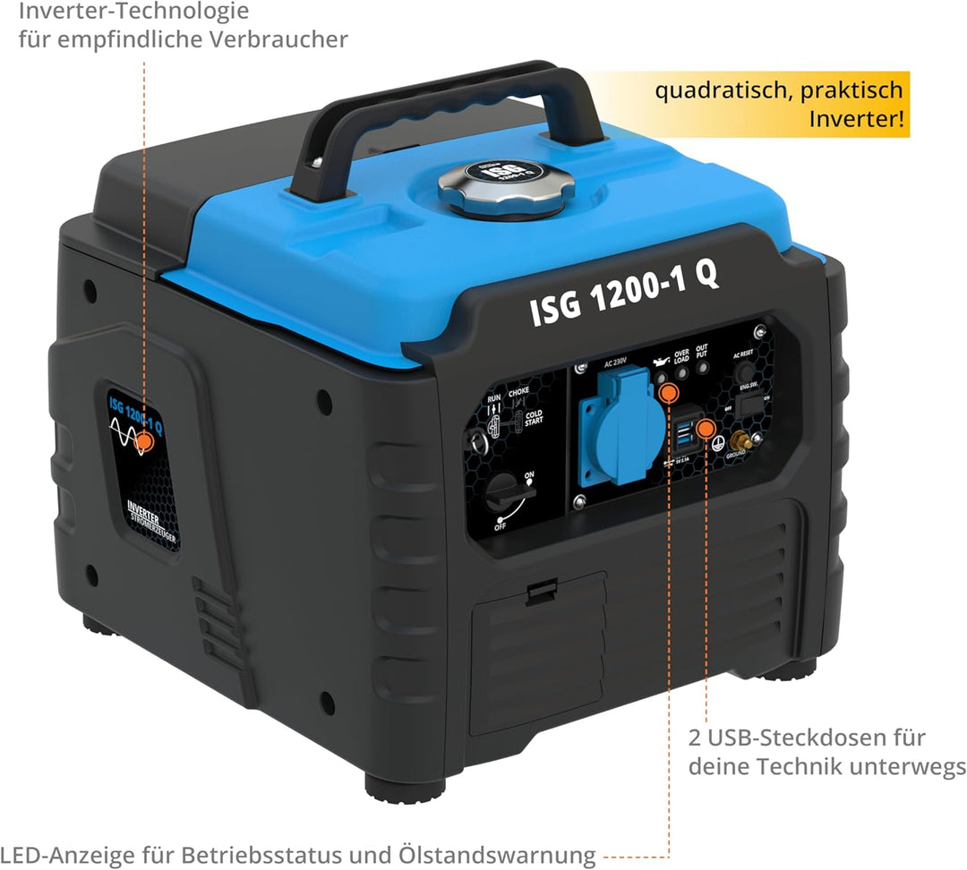 Güde Inverter Stromerzeuger ISG 1200-1 Q (4-Takt Motor, Benzin, 1,3/1,76 (kW/PS), 1x 230V, 2x USB, m